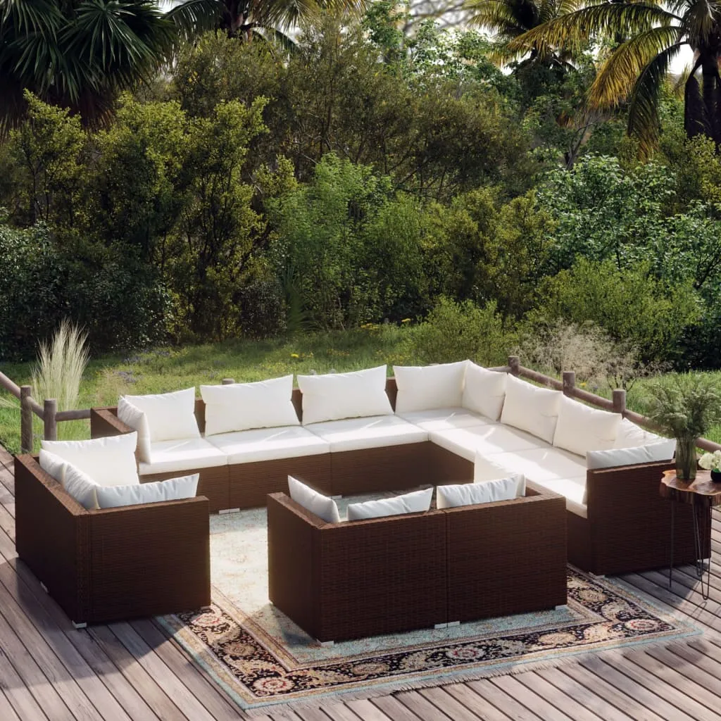 vidaXL Set Divani da Giardino 11 pz con Cuscini in Polyrattan Marrone