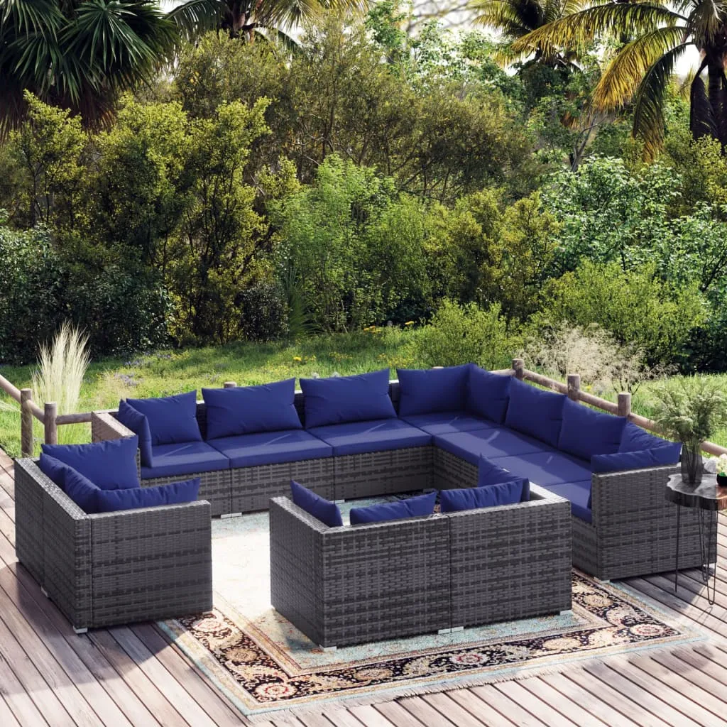 vidaXL Set Divani da Giardino 11 pz con Cuscini in Polyrattan Grigio