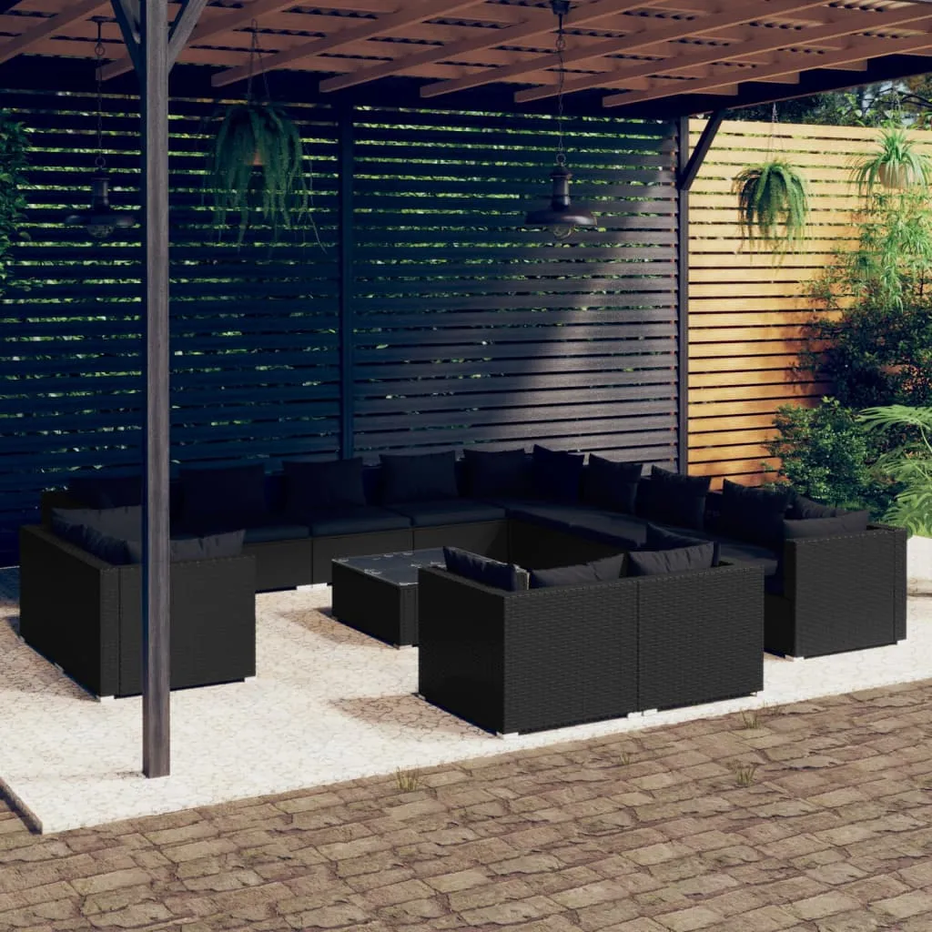 vidaXL Set Divani da Giardino 14 pz con Cuscini in Polyrattan Nero