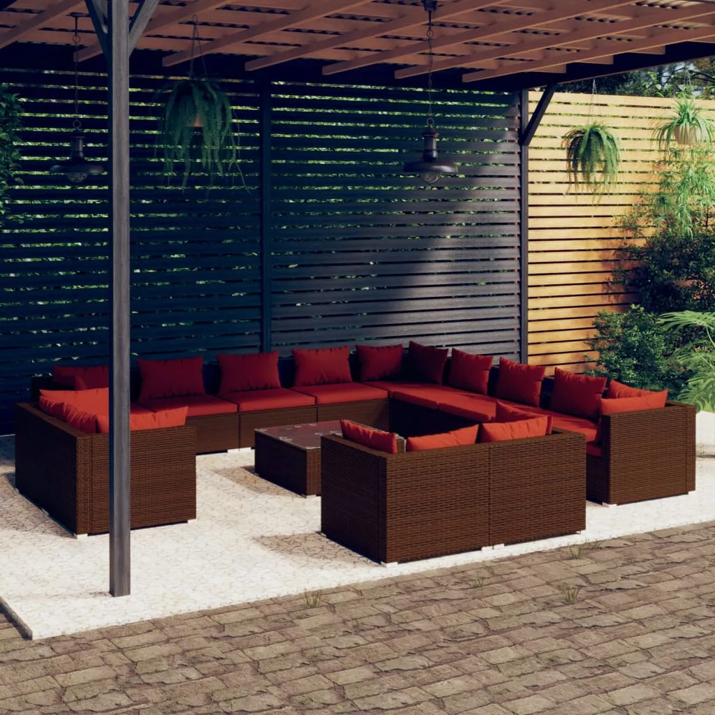 vidaXL Set Divani da Giardino 14 pz con Cuscini in Polyrattan Marrone