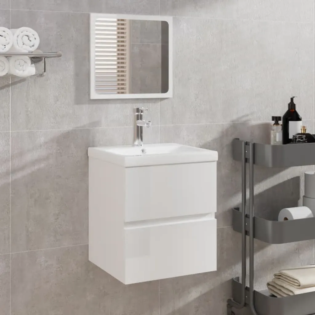 vidaXL Mobile da Bagno con Specchio Bianco Lucido in Legno Multistrato