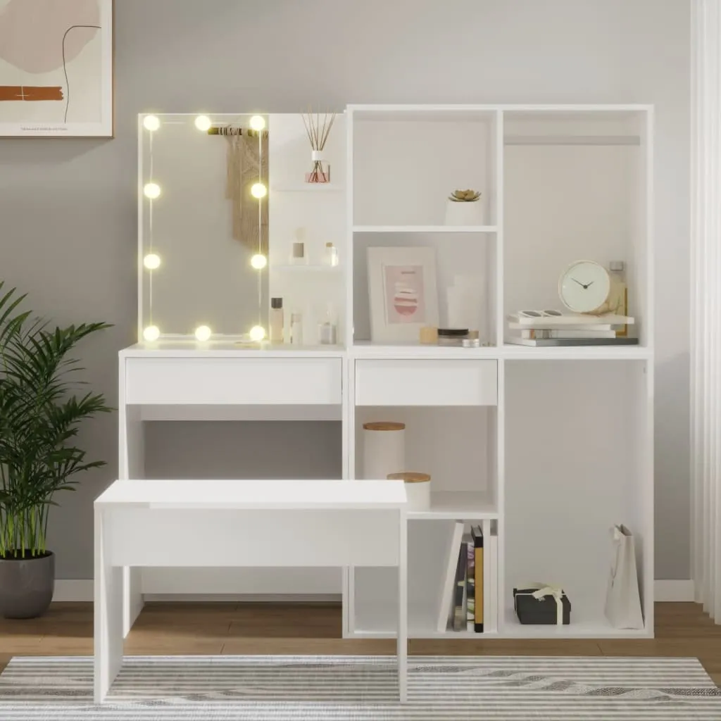 vidaXL Set Tavolo da Toeletta Bianco con LED in Legno Multistrato