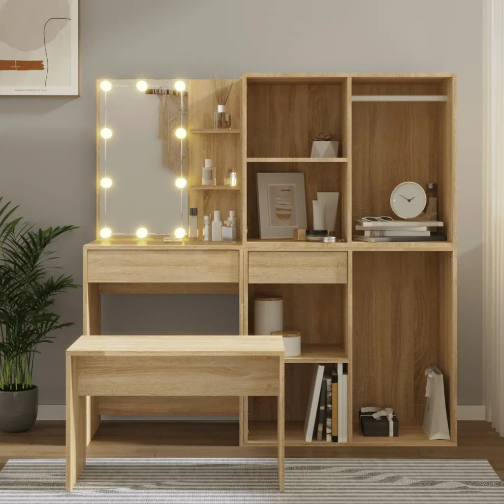 vidaXL Set Tavolo da Toeletta con LED Rovere Sonoma Legno Multistrato