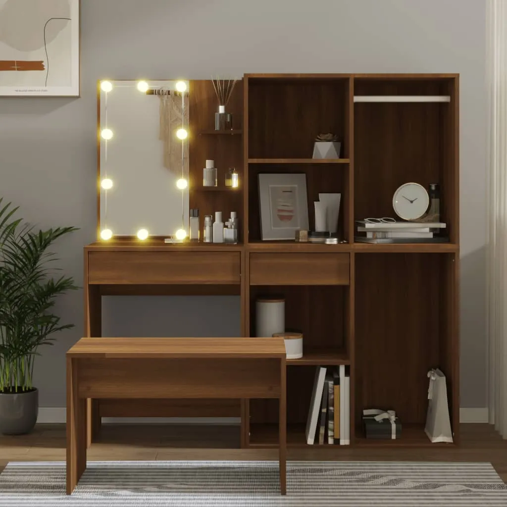 vidaXL Set Tavolo da Toeletta con LED Rovere Marrone Legno Multistrato