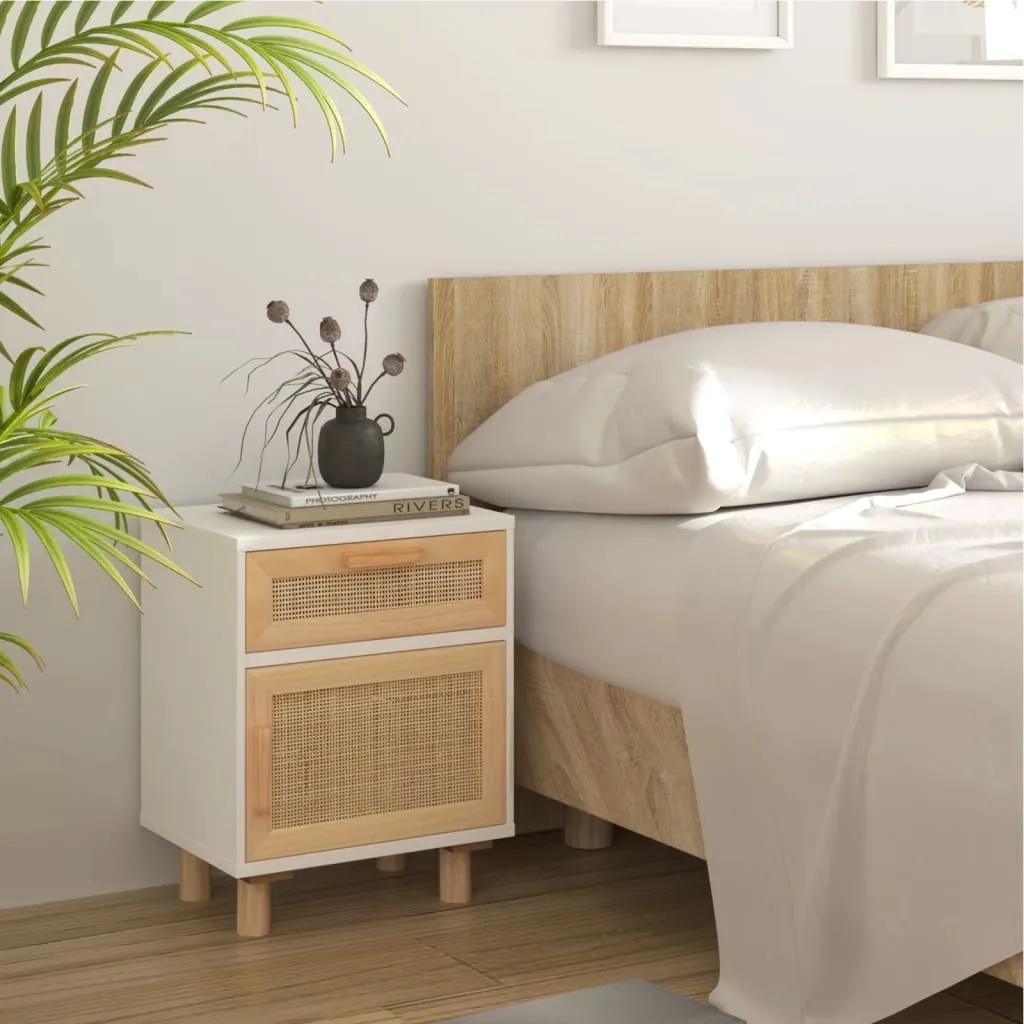 vidaXL Comodino Bianco in Legno Massello di Pino e Rattan Naturale