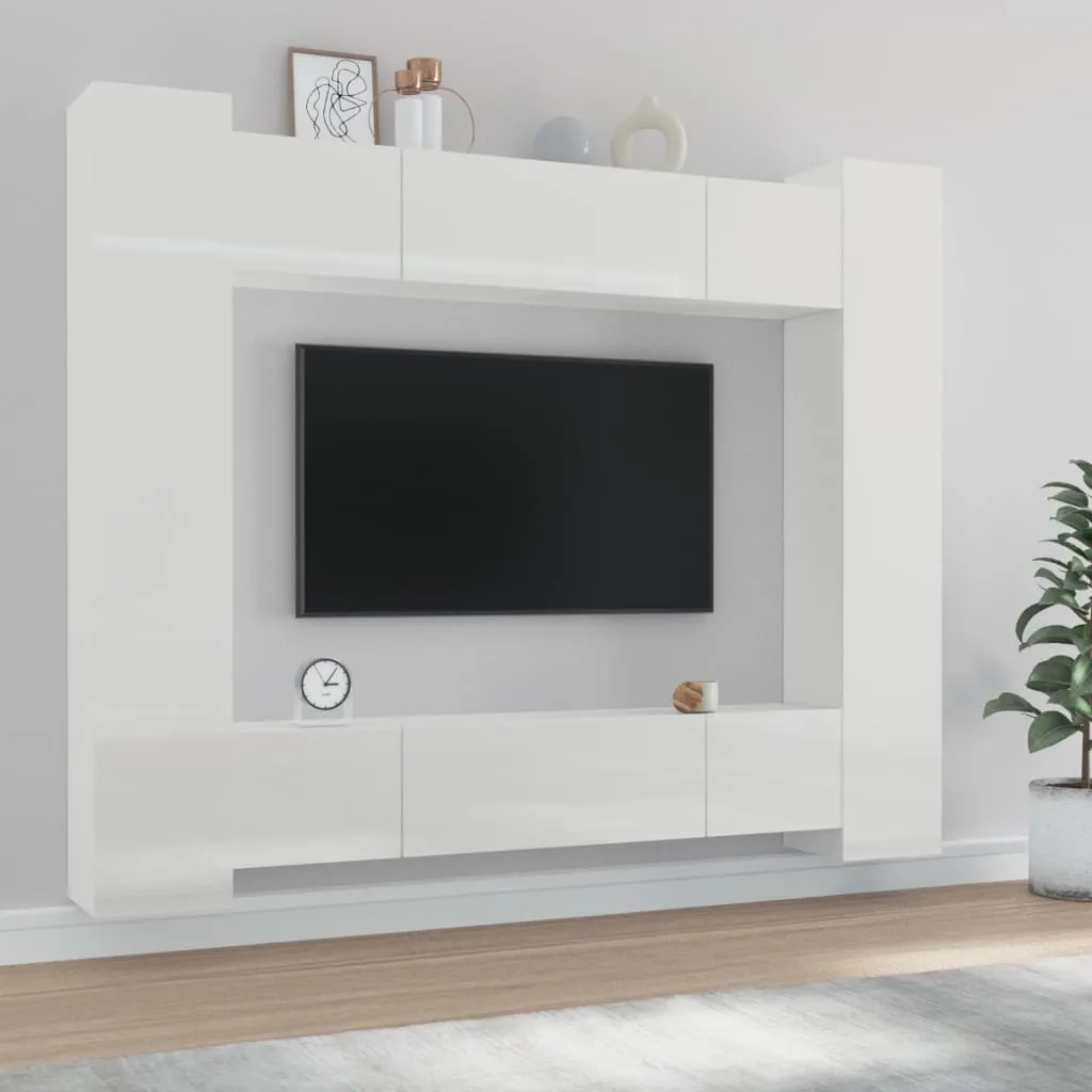 vidaXL Set Mobili Porta TV 8pz Bianco Lucido in Legno Multistrato