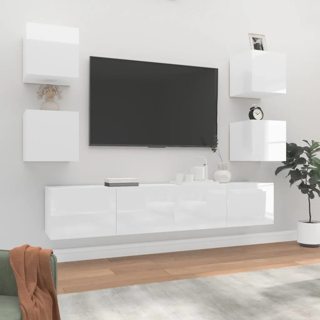 vidaXL Set di Mobili Porta TV 6 pz Bianco Lucido in Legno Multistrato