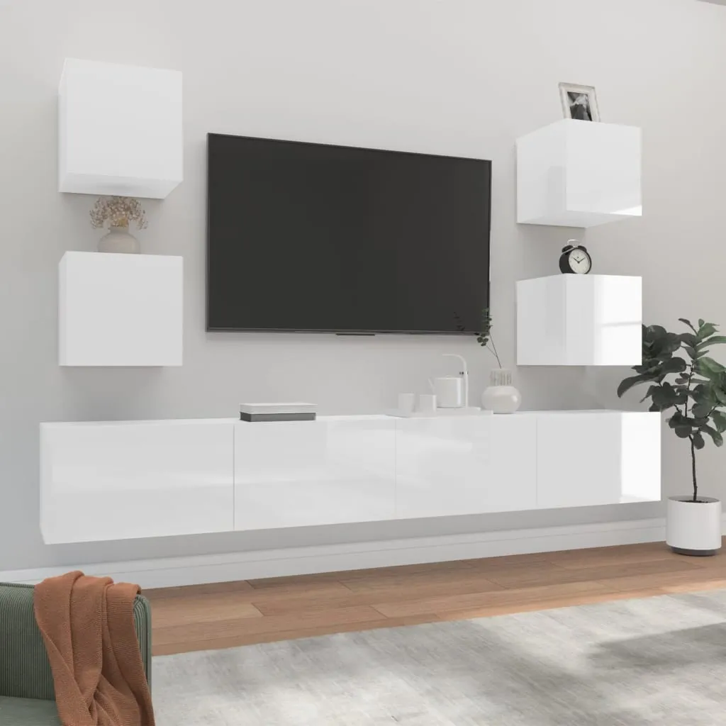 vidaXL Set di Mobili Porta TV 6 pz Bianco Lucido in Legno Multistrato