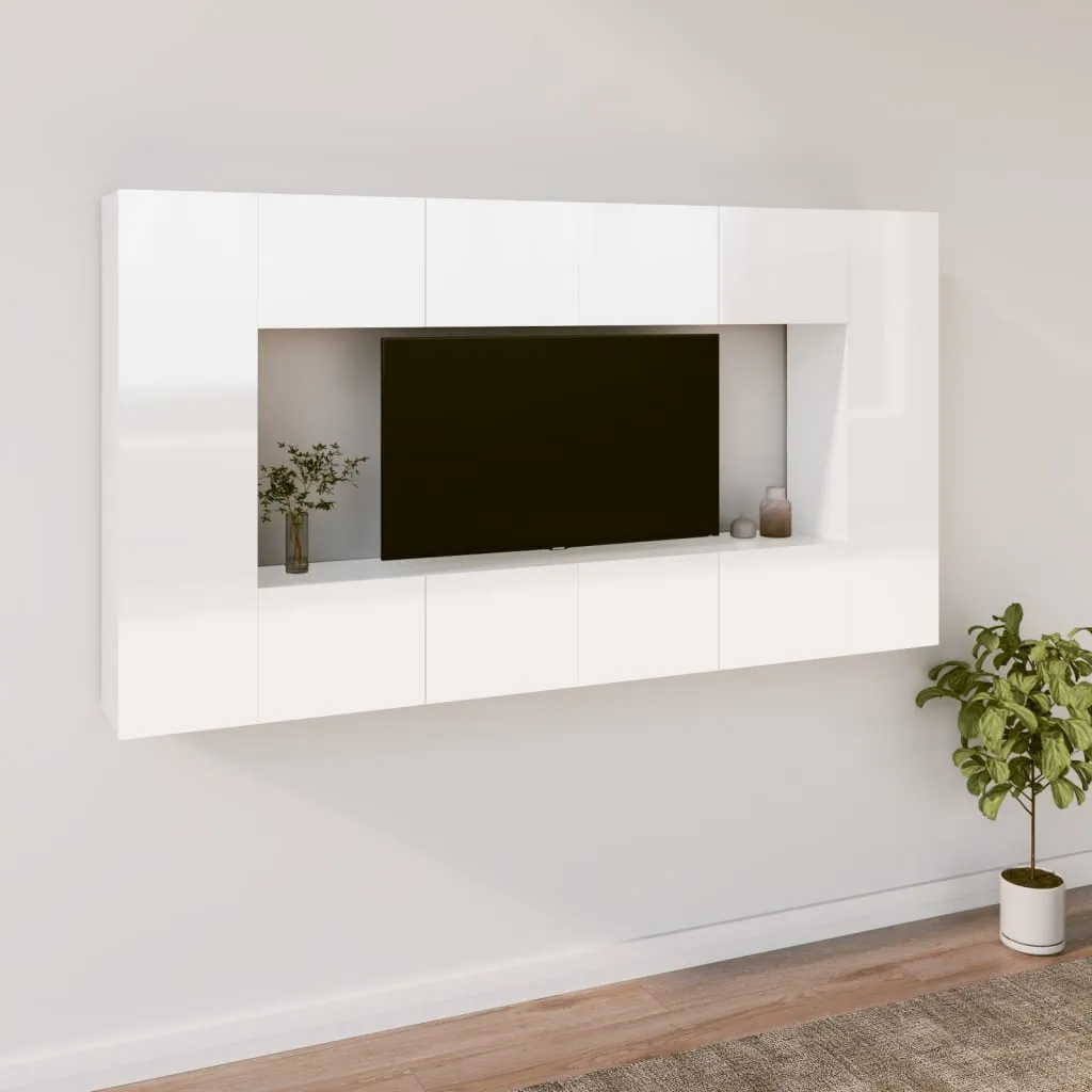 vidaXL Set Mobili Porta TV 8pz Bianco Lucido in Legno Multistrato