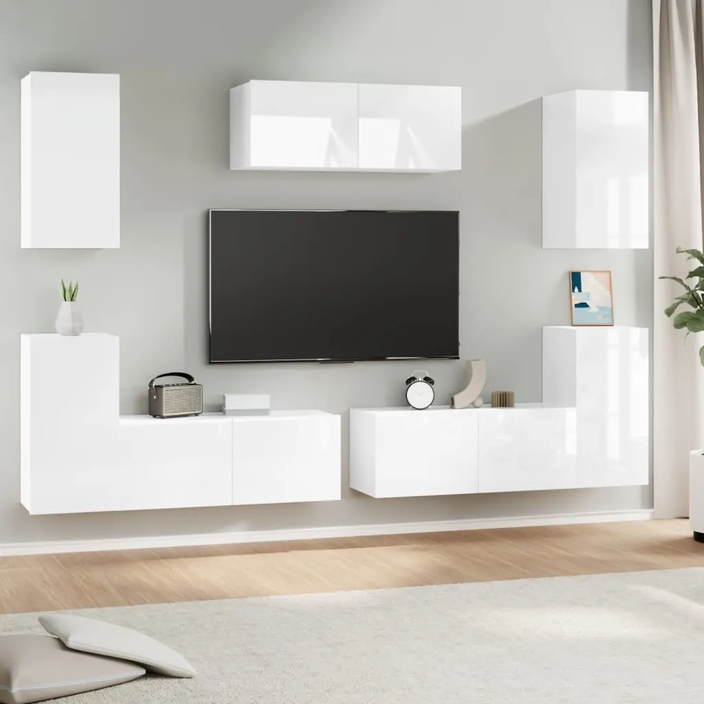 vidaXL Set di Mobili Porta TV 7 pz Bianco Lucido in Legno Multistrato