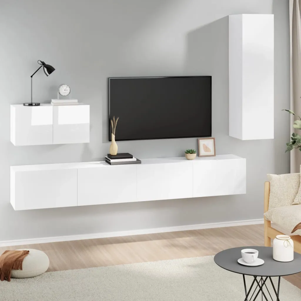 vidaXL Set di Mobili Porta TV 4 pz Bianco Lucido in Legno Multistrato