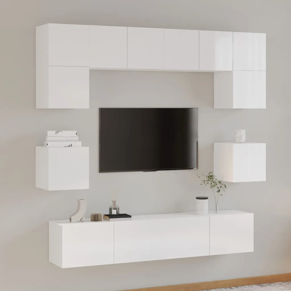 vidaXL Set Mobili Porta TV 8pz Bianco Lucido in Legno Multistrato