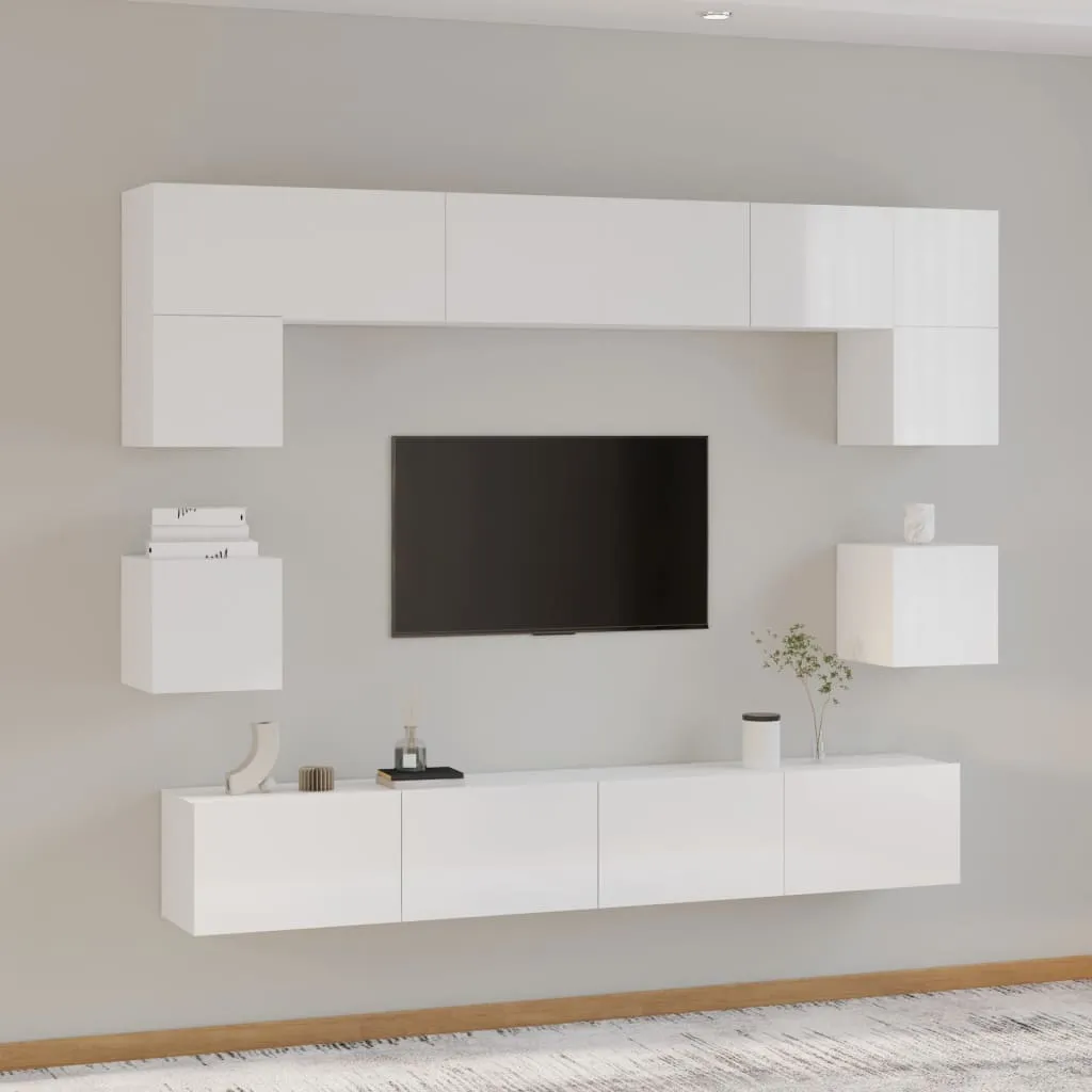 vidaXL Set Mobili Porta TV 8pz Bianco Lucido in Legno Multistrato