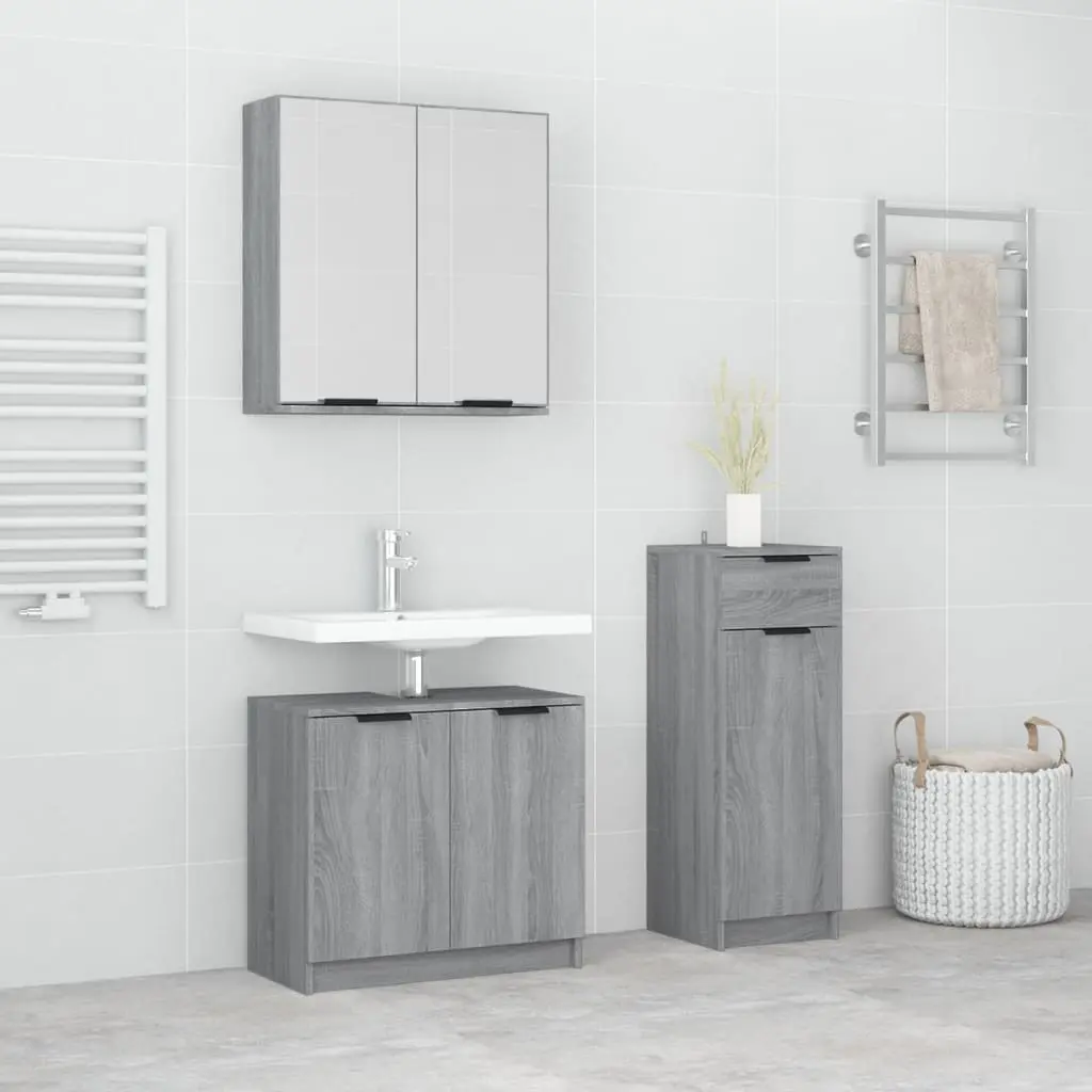 Set Mobili da Bagno 3 pz Grigio Sonoma in Legno Multistrato