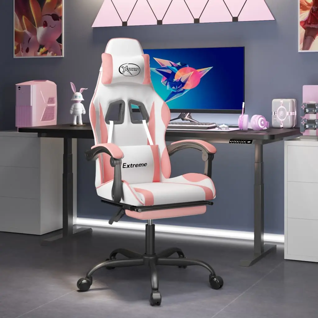 Sedia da Gaming con Poggiapiedi Bianco e Rosa in Similpelle