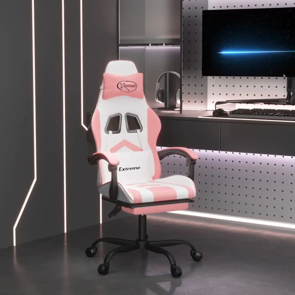 Sedia da Gaming con Poggiapiedi Bianco e Rosa in Similpelle