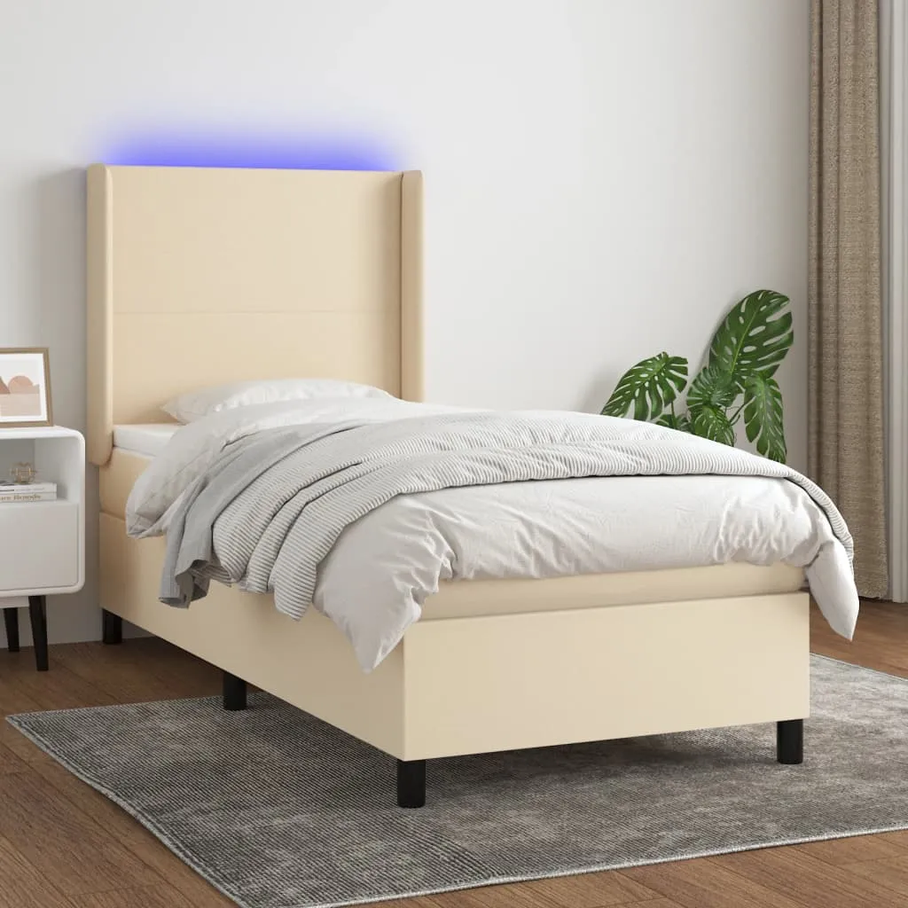 vidaXL Letto a Molle con Materasso e LED Crema 90x190 cm in Tessuto