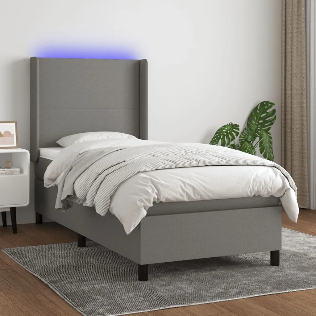 vidaXL Letto a Molle Materasso e LED Grigio Scuro 90x200 cm in Tessuto