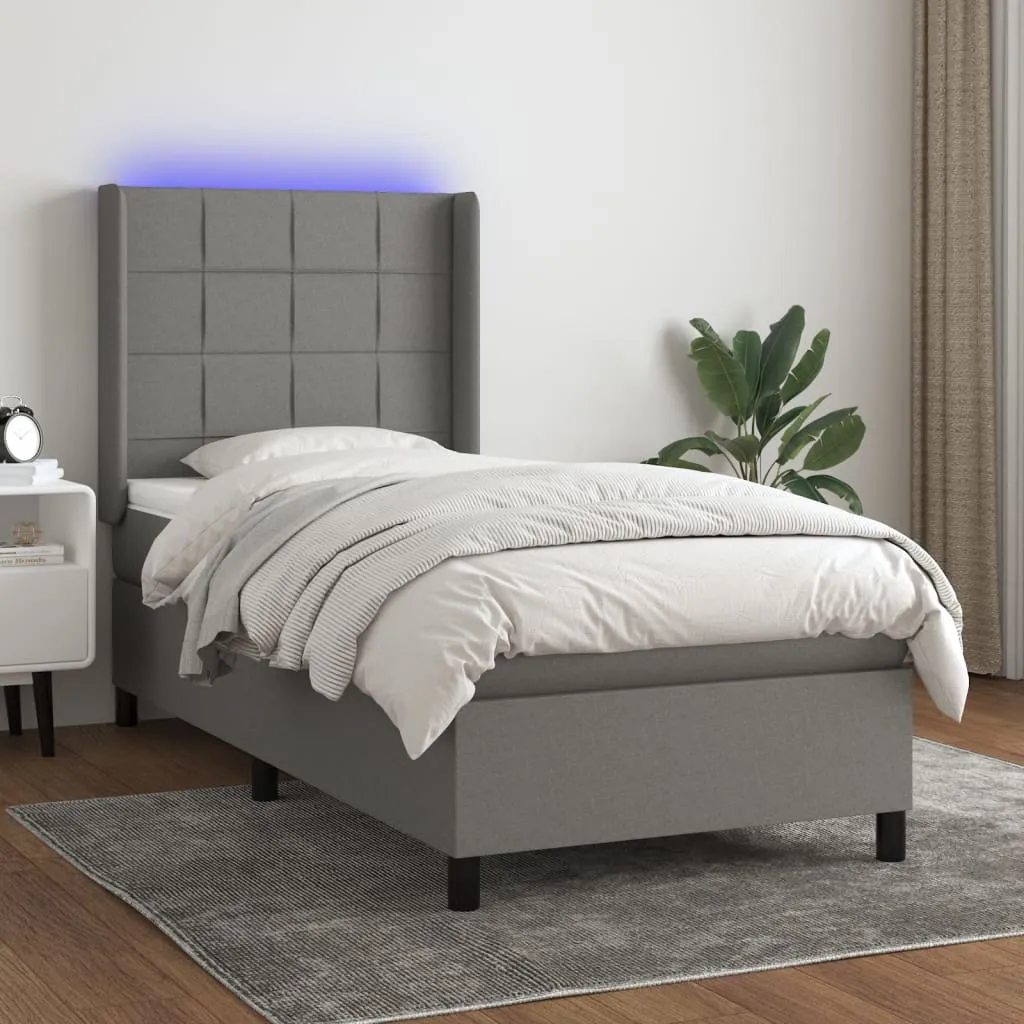 vidaXL Letto a Molle Materasso e LED Grigio Scuro 90x190 cm in Tessuto