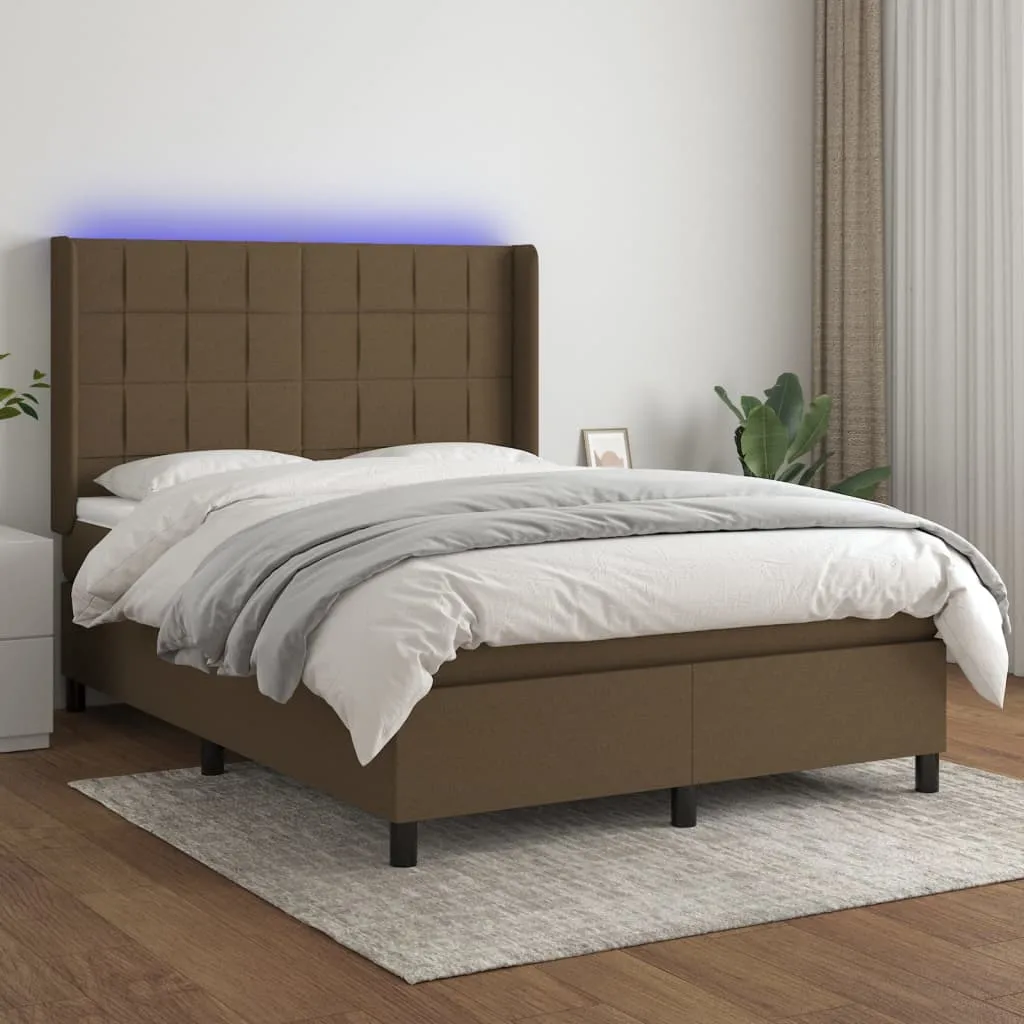 vidaXL Letto a Molle Materasso e LED MarroneScuro 140x190cm in Tessuto