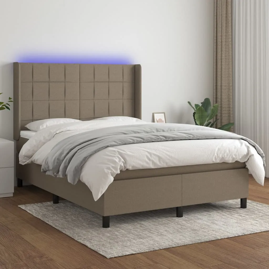 vidaXL Letto a Molle con Materasso e LED Tortora 140x200 cm in Tessuto