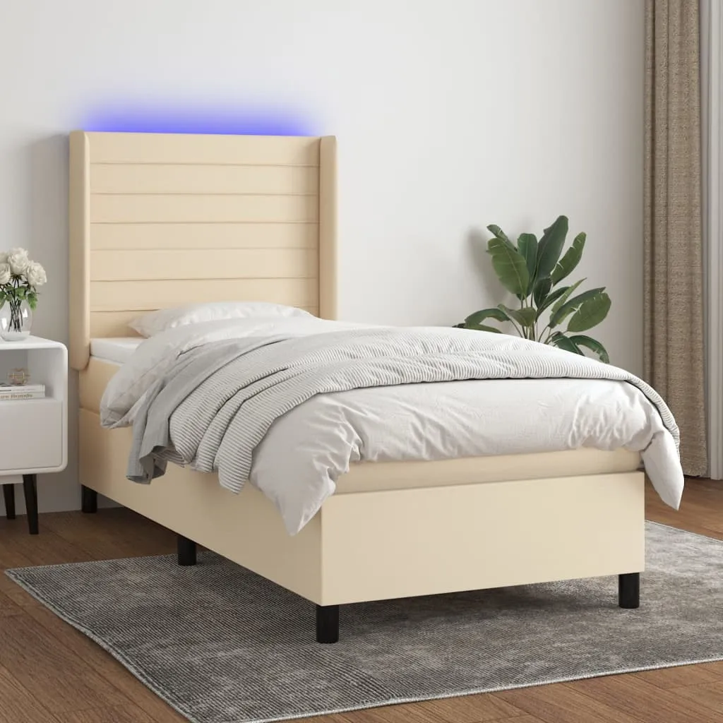 vidaXL Letto a Molle con Materasso e LED Crema 90x190 cm in Tessuto