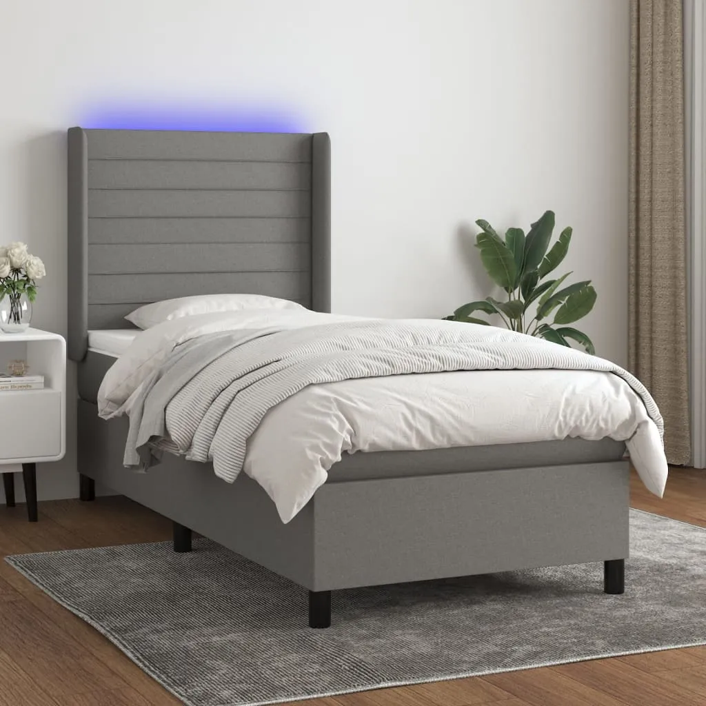 vidaXL Letto a Molle Materasso e LED Grigio Scuro 90x200 cm in Tessuto