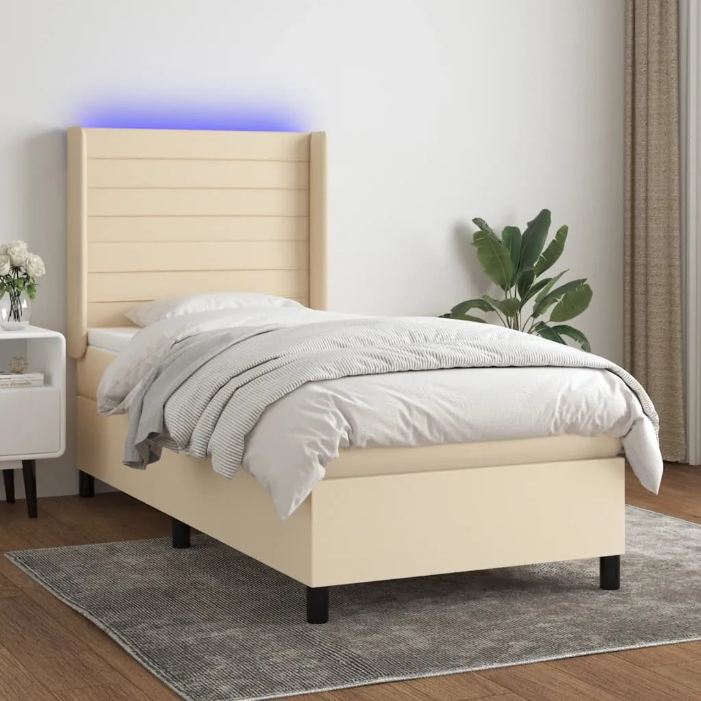 vidaXL Letto a Molle con Materasso e LED Crema 90x200 cm in Tessuto