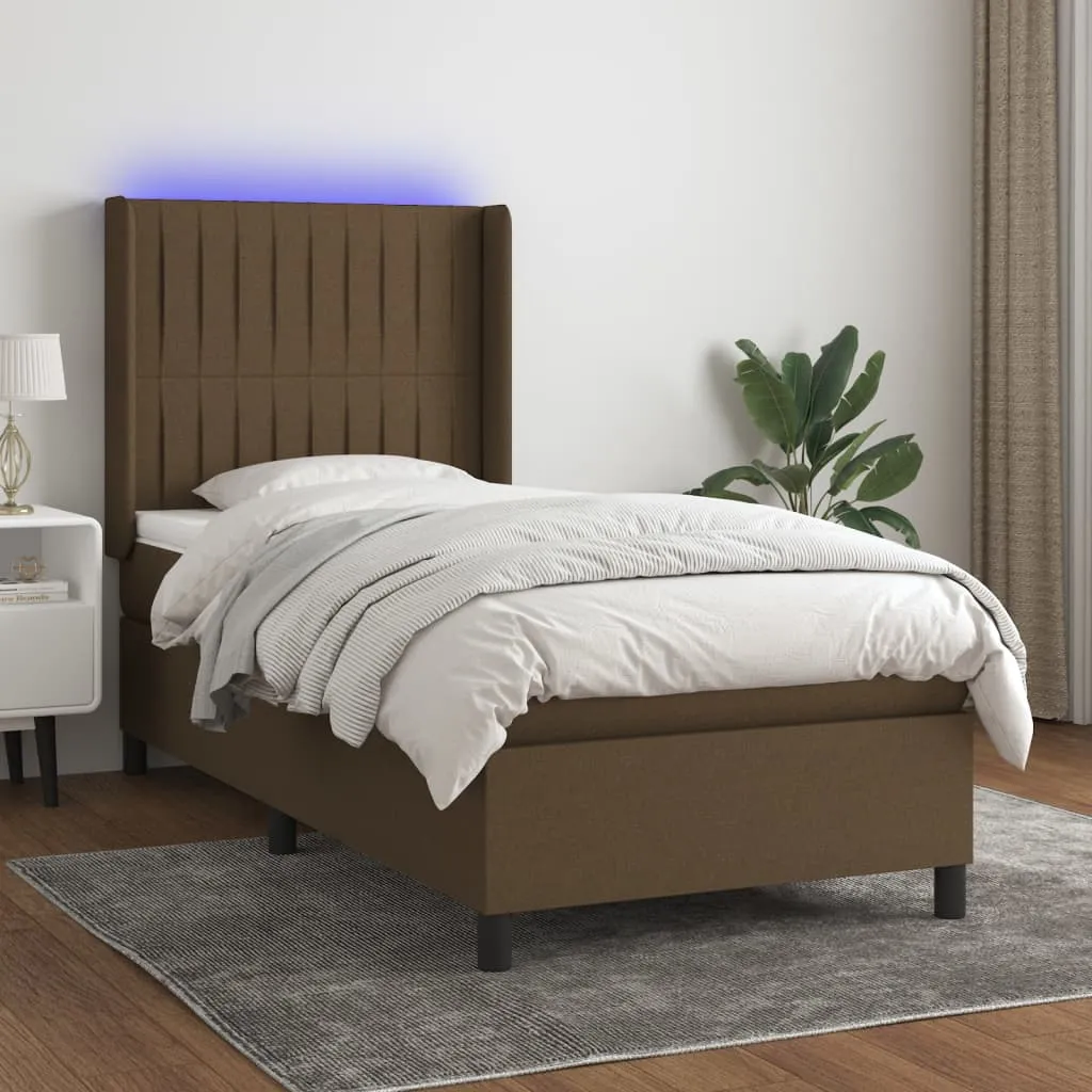 vidaXL Letto a Molle Materasso e LED Marrone Scuro 90x190cm in Tessuto