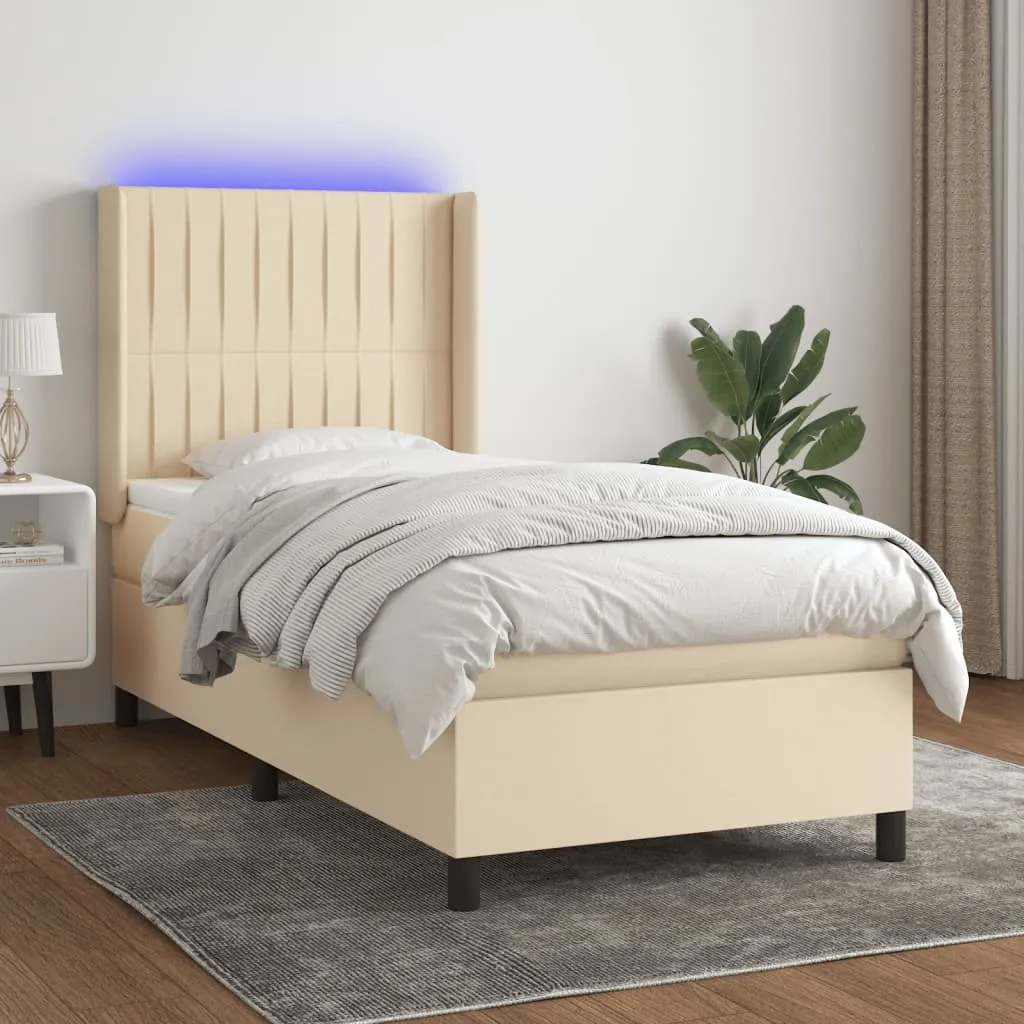 vidaXL Letto a Molle con Materasso e LED Crema 90x190 cm in Tessuto