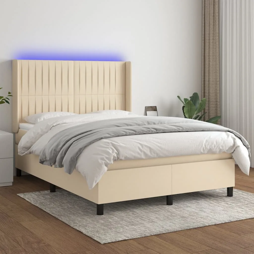 vidaXL Letto a Molle con Materasso e LED Crema 140x190 cm in Tessuto