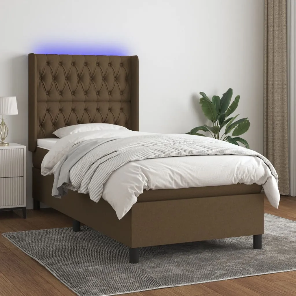 vidaXL Letto a Molle Materasso e LED Marrone Scuro 90x200cm in Tessuto