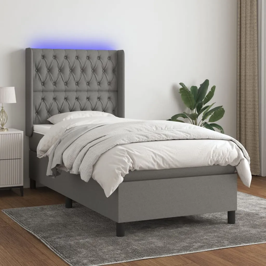 vidaXL Letto a Molle Materasso e LED Grigio Scuro 100x200cm in Tessuto