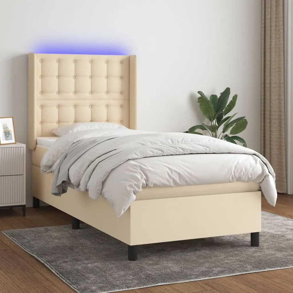 vidaXL Letto a Molle con Materasso e LED Crema 100x200cm in Tessuto