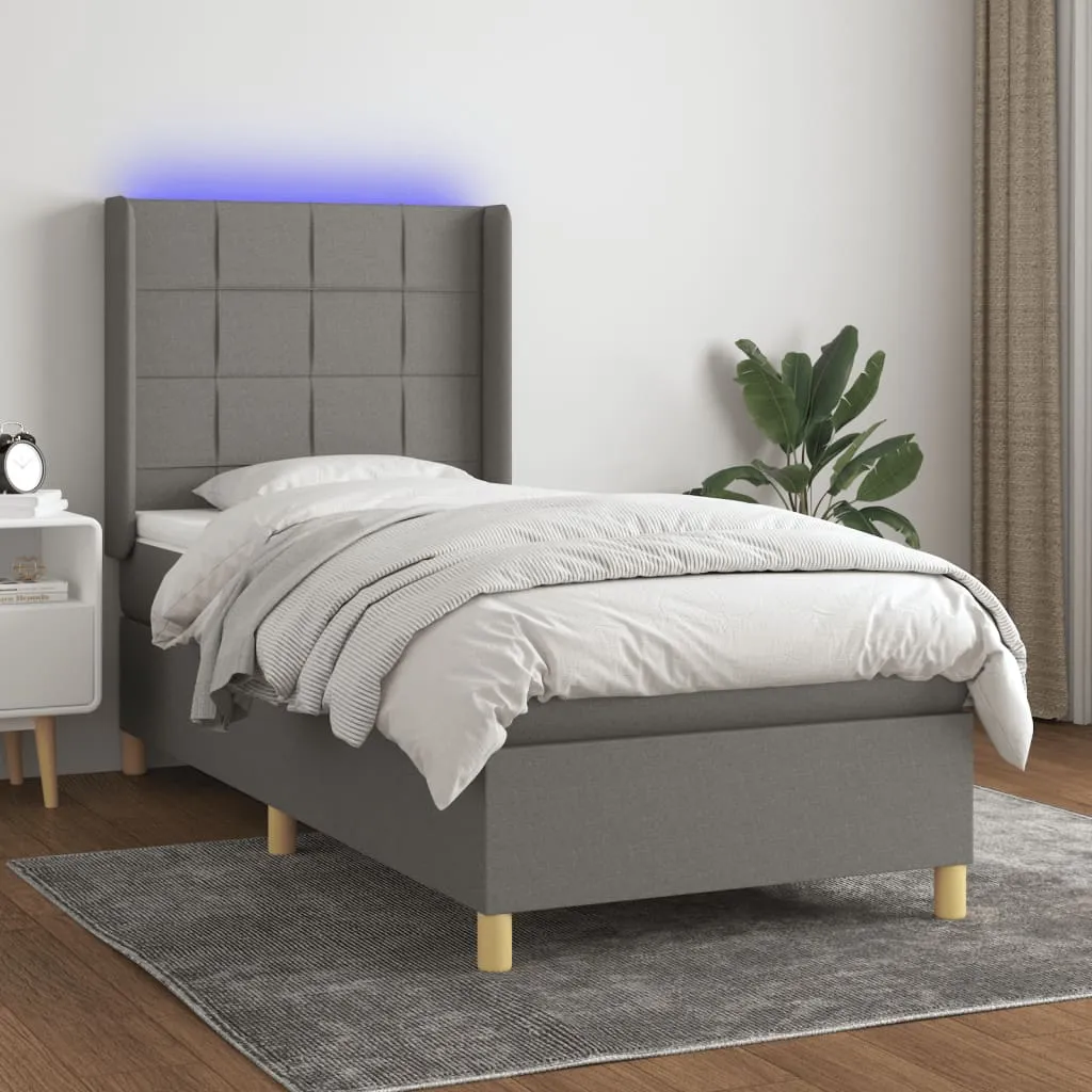 vidaXL Letto a Molle Materasso e LED Grigio Scuro 90x190 cm in Tessuto