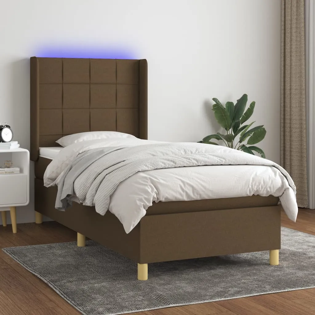 vidaXL Letto a Molle Materasso e LED Marrone Scuro 90x190cm in Tessuto