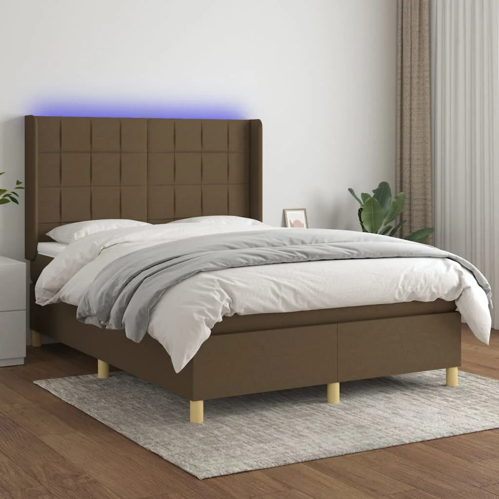 vidaXL Letto a Molle Materasso e LED MarroneScuro 140x190cm in Tessuto