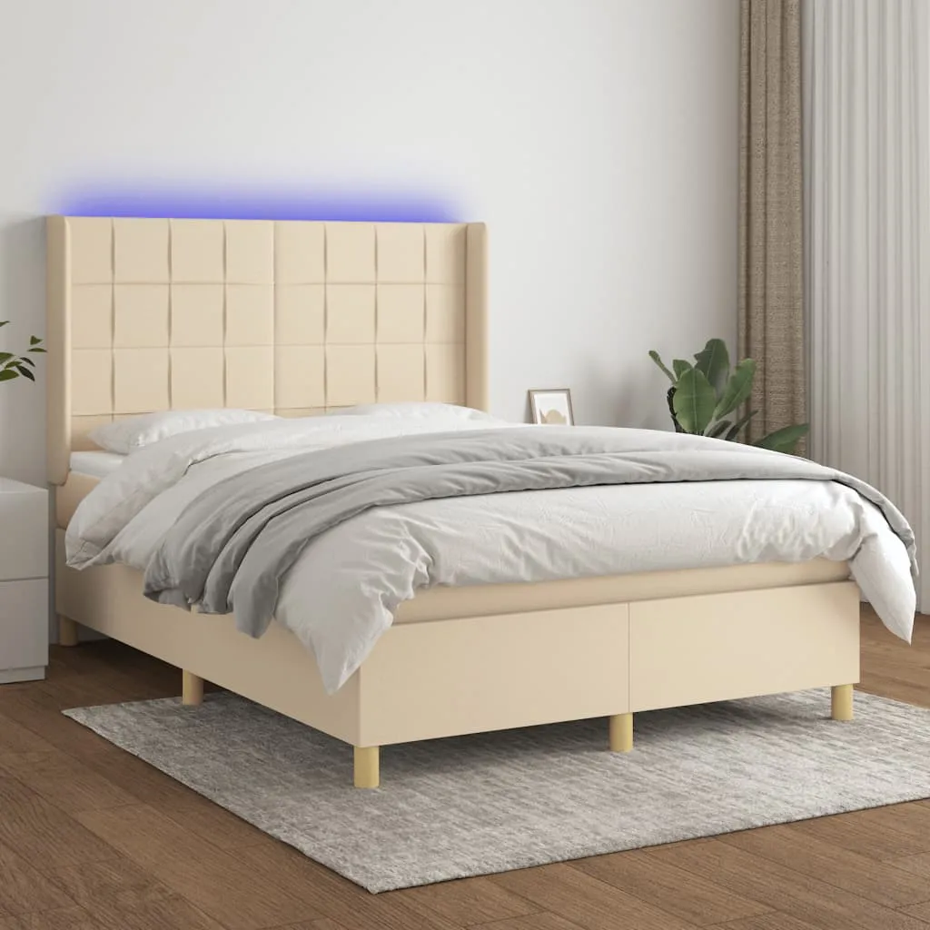 vidaXL Letto a Molle con Materasso e LED Crema 140x190 cm in Tessuto