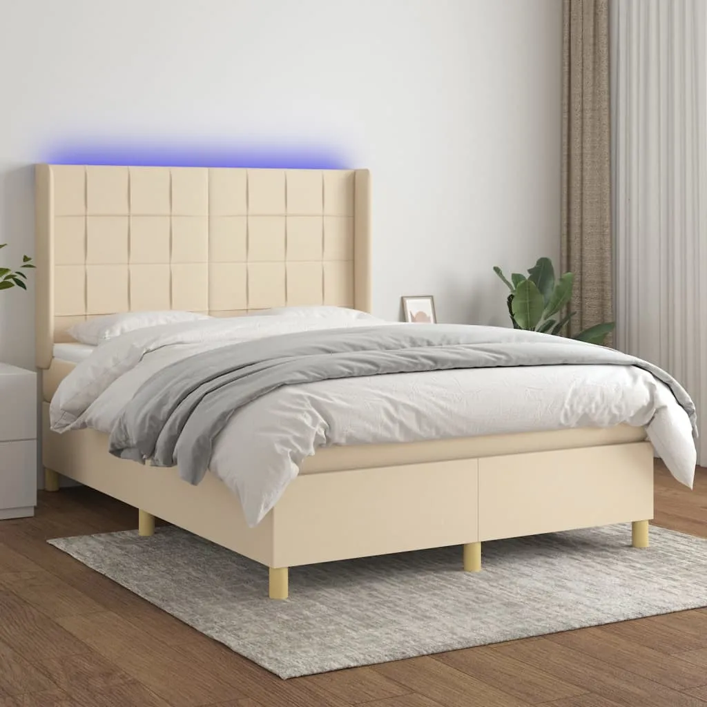 vidaXL Letto a Molle con Materasso e LED Crema 140x200 cm in Tessuto