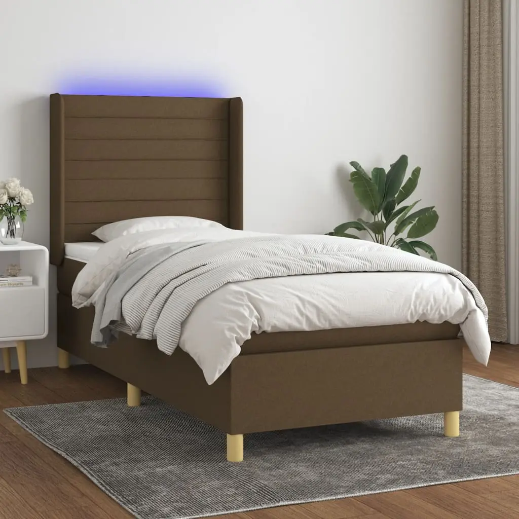 Letto a Molle Materasso e LED Marrone Scuro 90x190cm in Tessuto