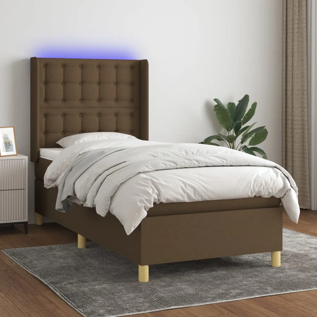 vidaXL Letto a Molle Materasso e LED Marrone Scuro 90x200cm in Tessuto