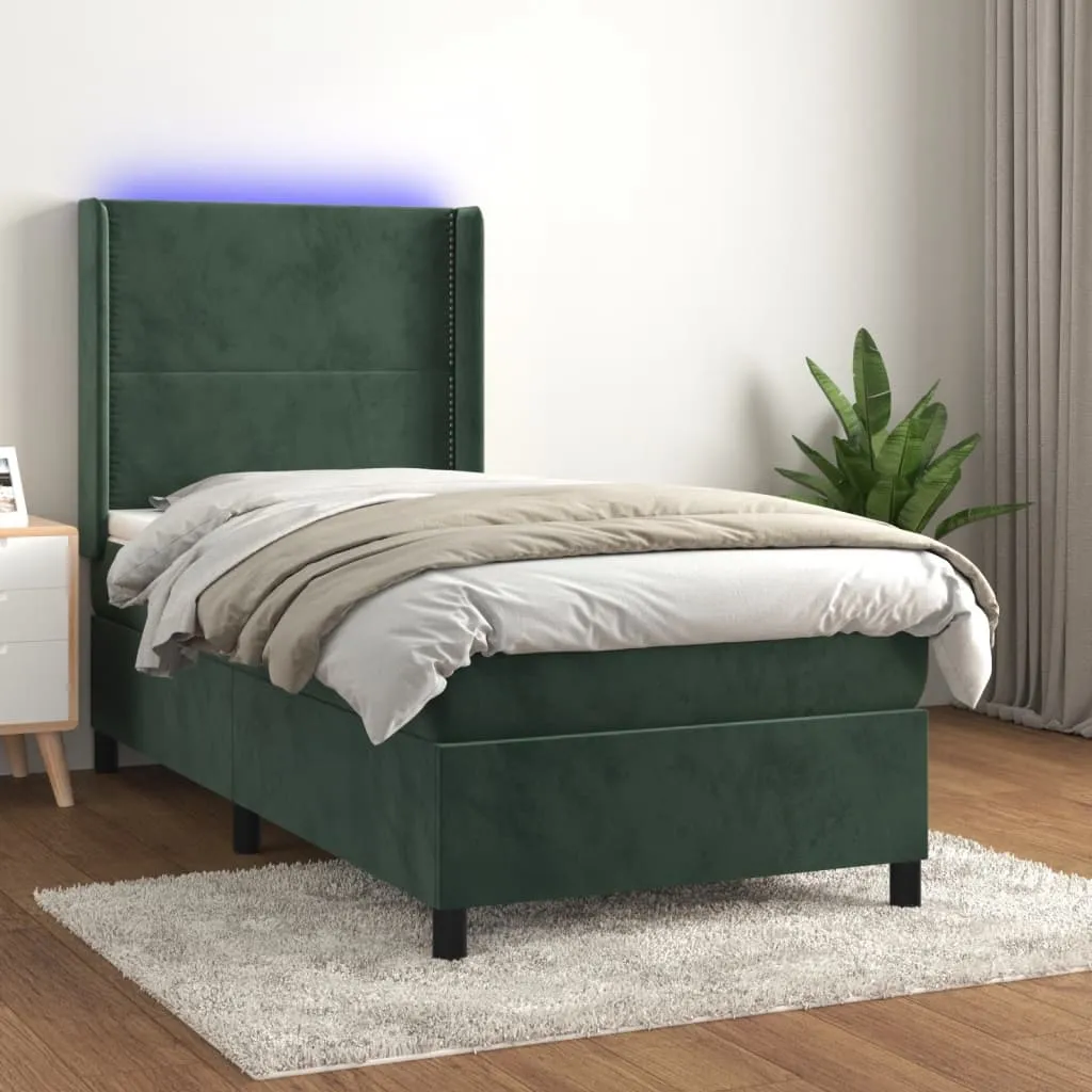 vidaXL Letto a Molle con Materasso e LED Verde Scuro 90x190 cm Velluto