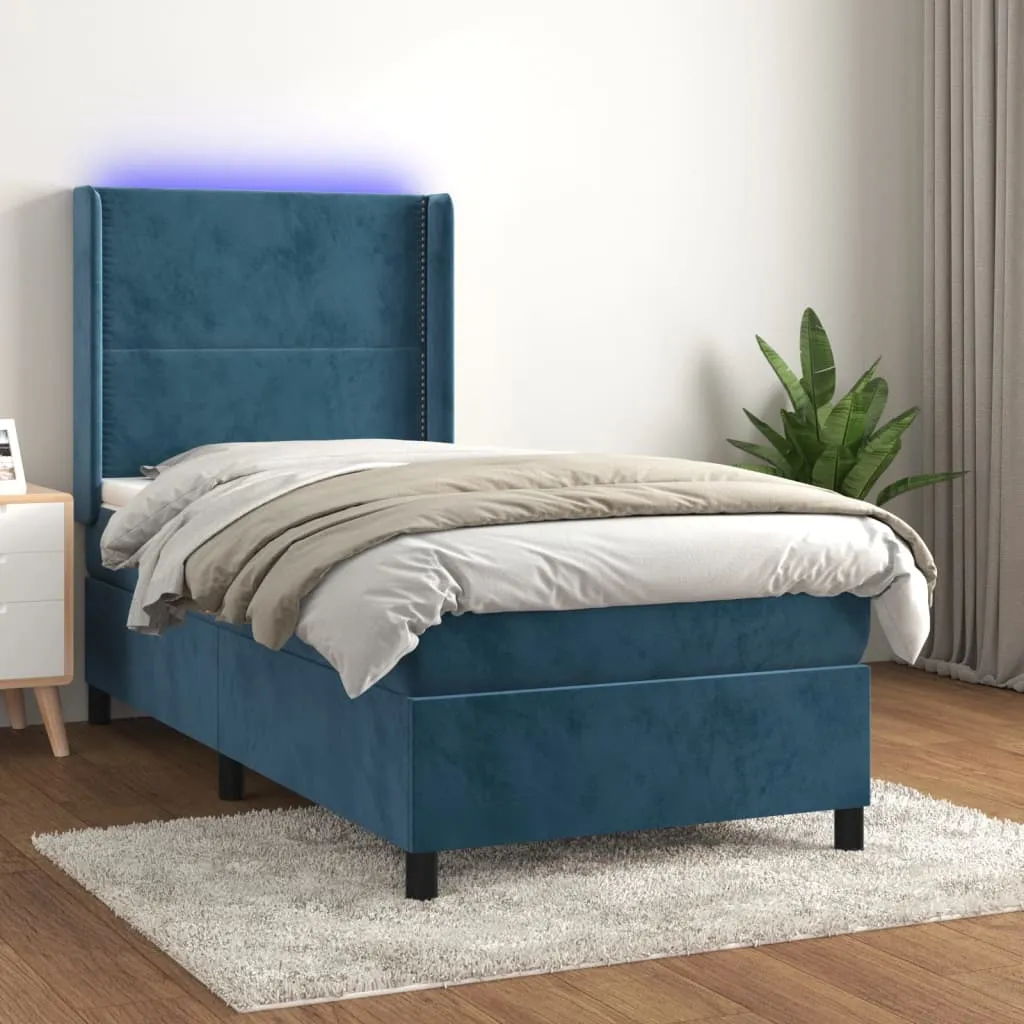 vidaXL Letto a Molle con Materasso e LED Blu Scuro 90x190cm in Velluto