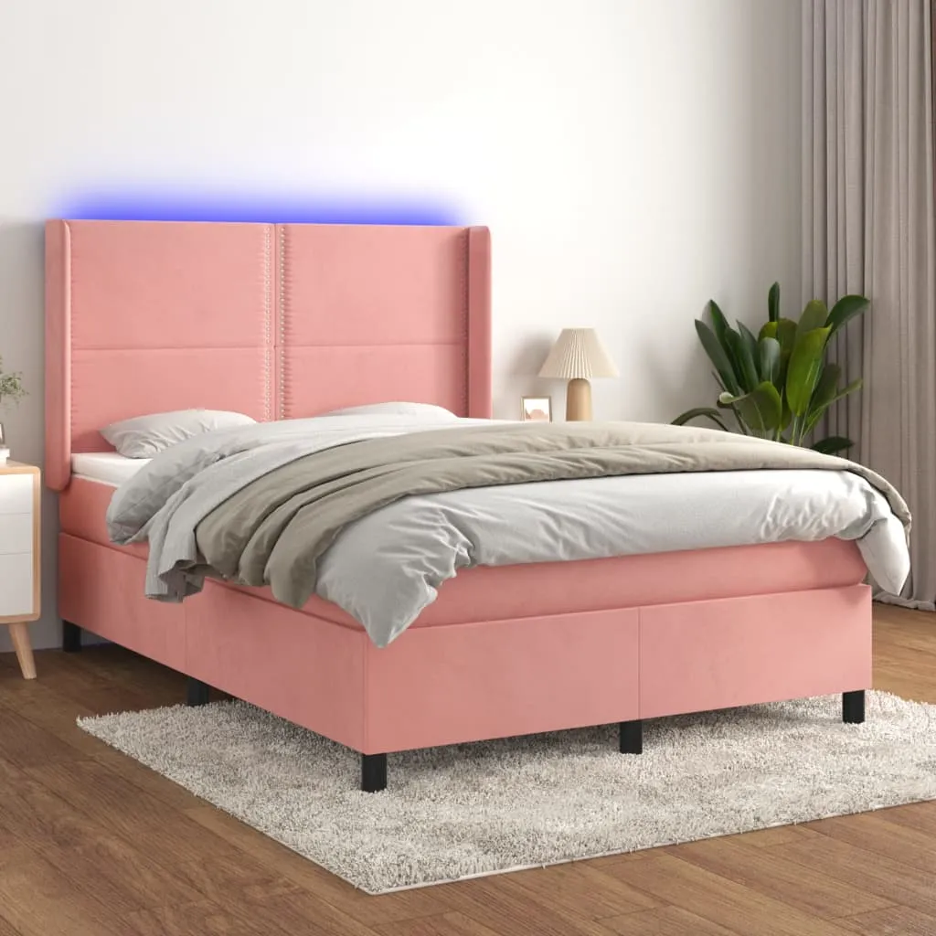 vidaXL Letto a Molle con Materasso e LED Rosa 140x190 cm in Velluto