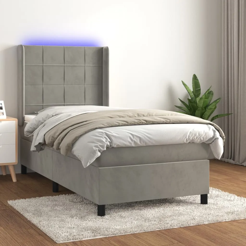 vidaXL Letto a Molle Materasso e LED Grigio Chiaro 90x190 cm Velluto