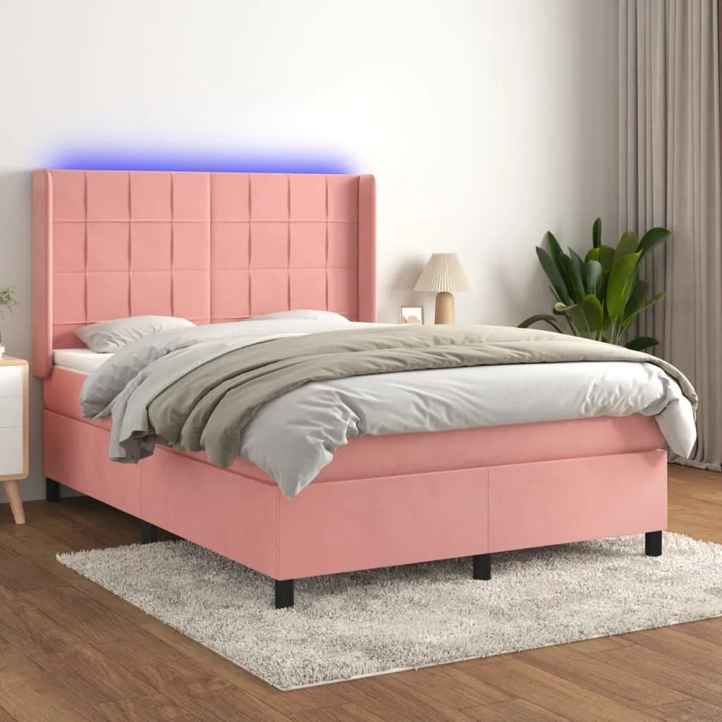 vidaXL Letto a Molle con Materasso e LED Rosa 140x190 cm in Velluto