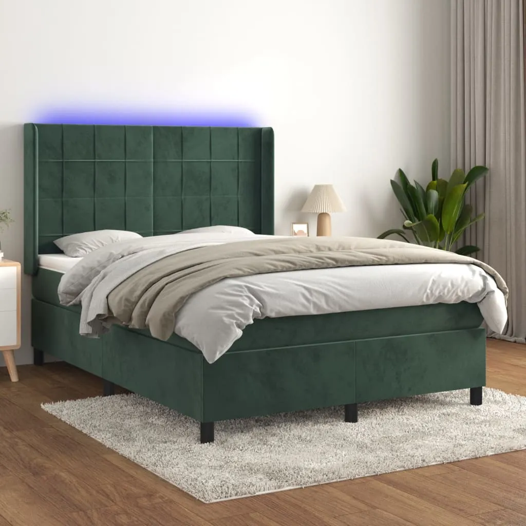 vidaXL Letto a Molle con Materasso e LED Verde Scuro 140x200cm Velluto