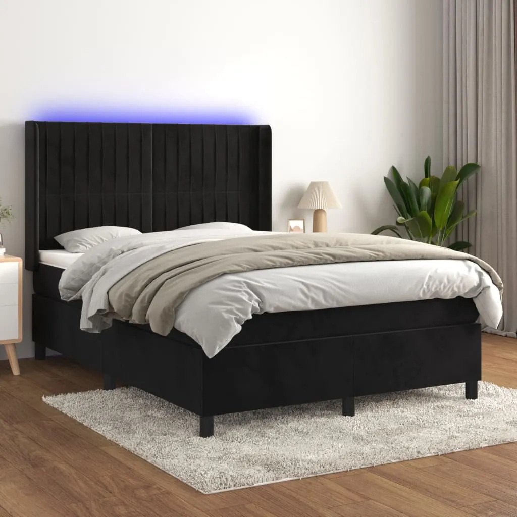 vidaXL Letto a Molle con Materasso e LED Nero 140x190 cm in Velluto