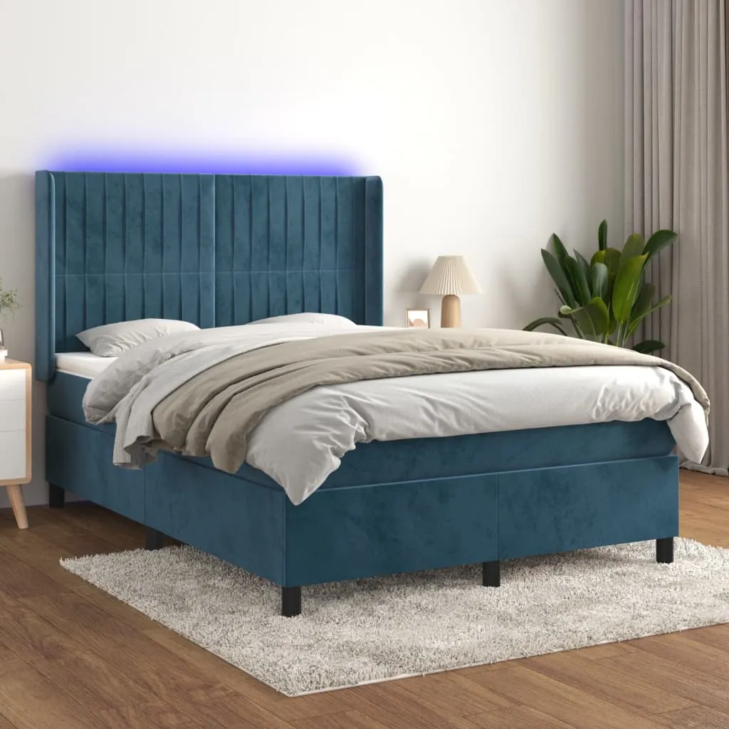 vidaXL Letto a Molle con Materasso e LED Blu Scuro 140x200 cm