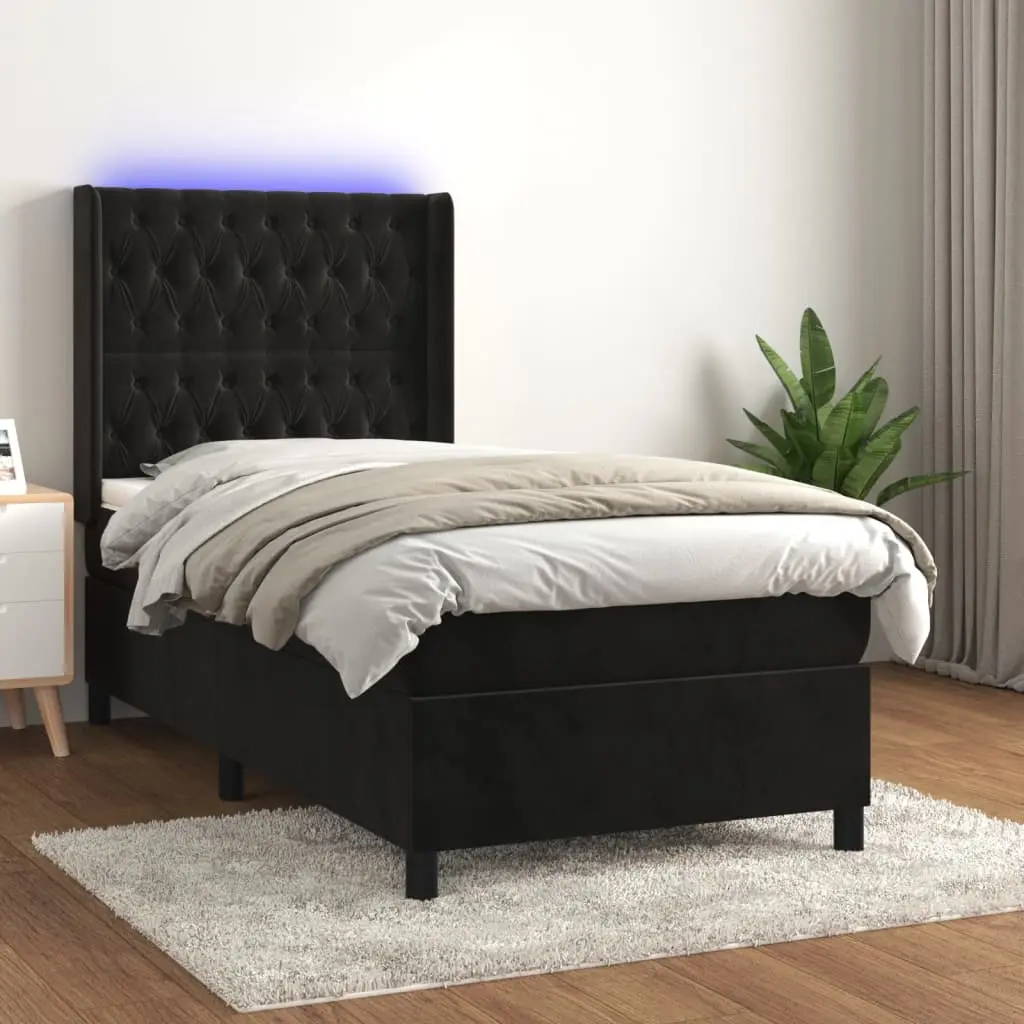 Letto a Molle con Materasso e LED Nero 90x190 cm in Velluto